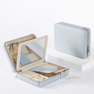 Mark and Graham large raffia blue travel jewelry organizer case KHW monogram